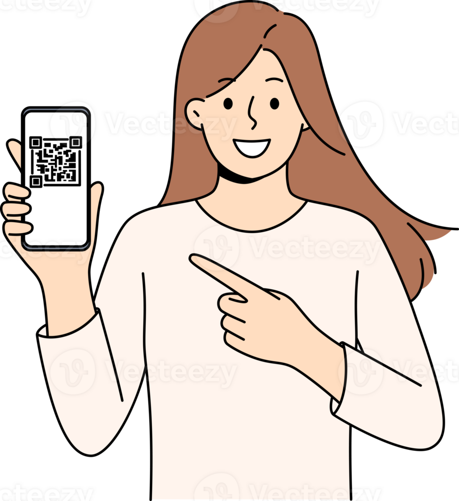 Woman holds phone demonstrating QR code for exchanging contacts or confirming online money transfer. png