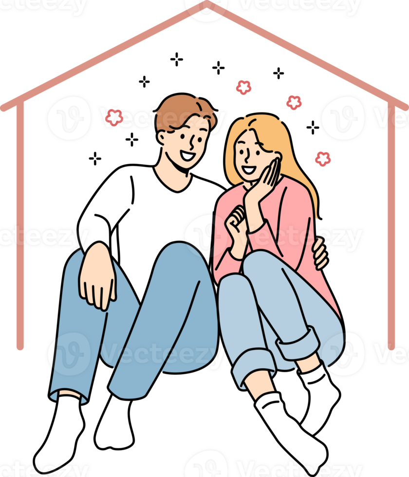 Happy couple sits in imaginary house dreaming of mortgage and buying own property png