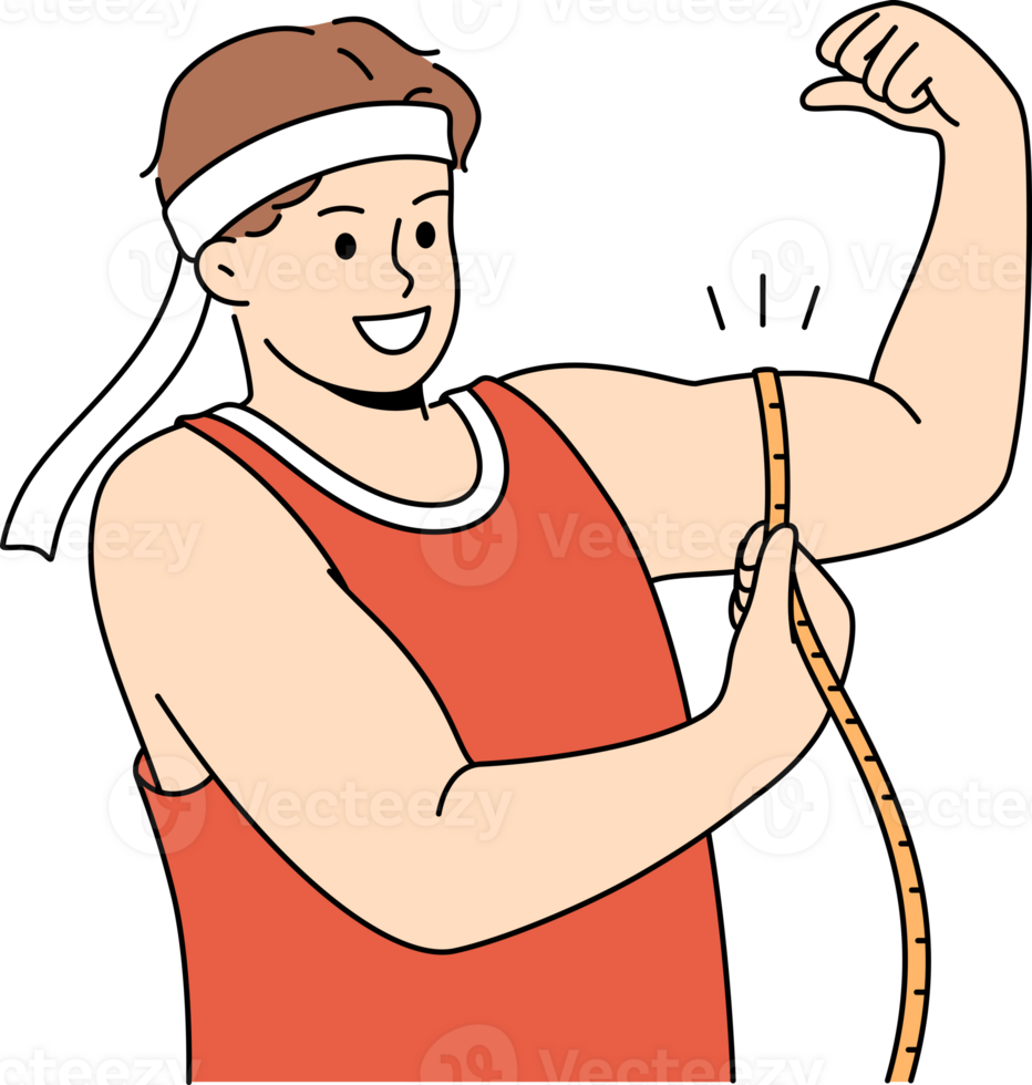 Strong man shows biceps and uses measuring tape to check size of muscles on arm. png