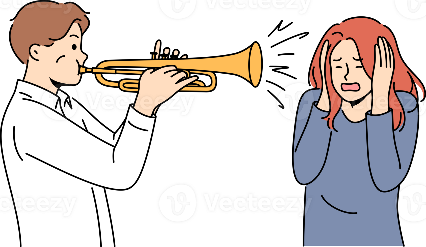 Mens Toneelstukken trompet in de buurt vrouw aan het bedekken oren, voor concept trompettist gebrek van musical talent png