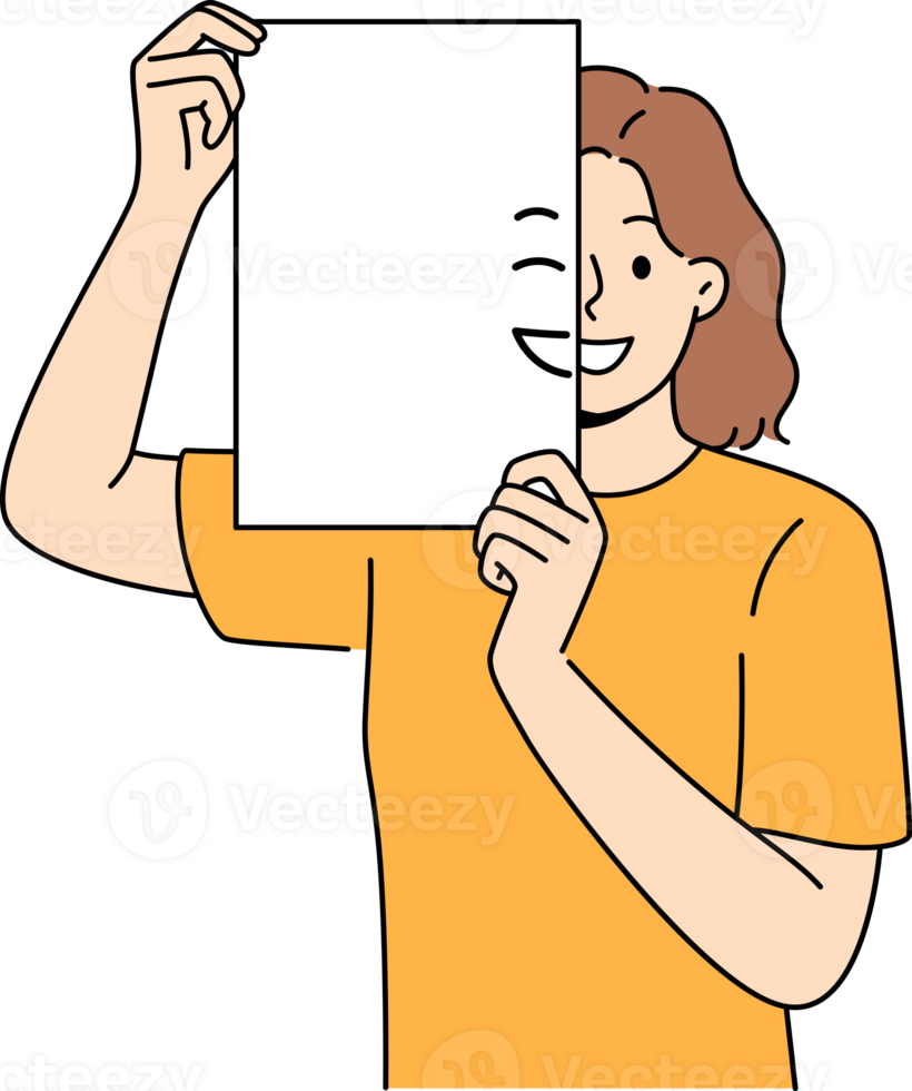 Smiling woman holding piece of paper with emoji in front of face and looking at screen png