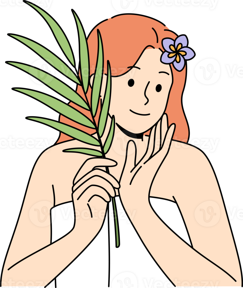 Woman with sprig of medicinal plant used for cosmetic purposes, stands in bath towel png