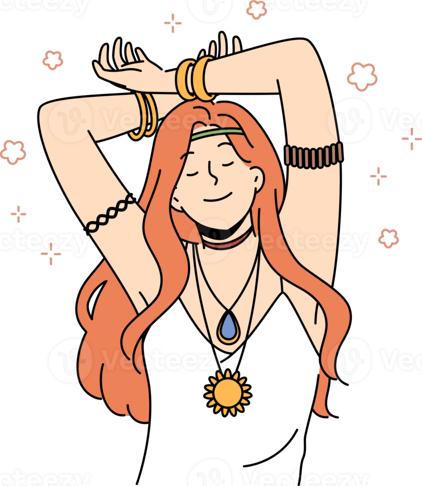 Hippie woman with amulet and bracelets on hands closes eyes, slowly dances with hands up png