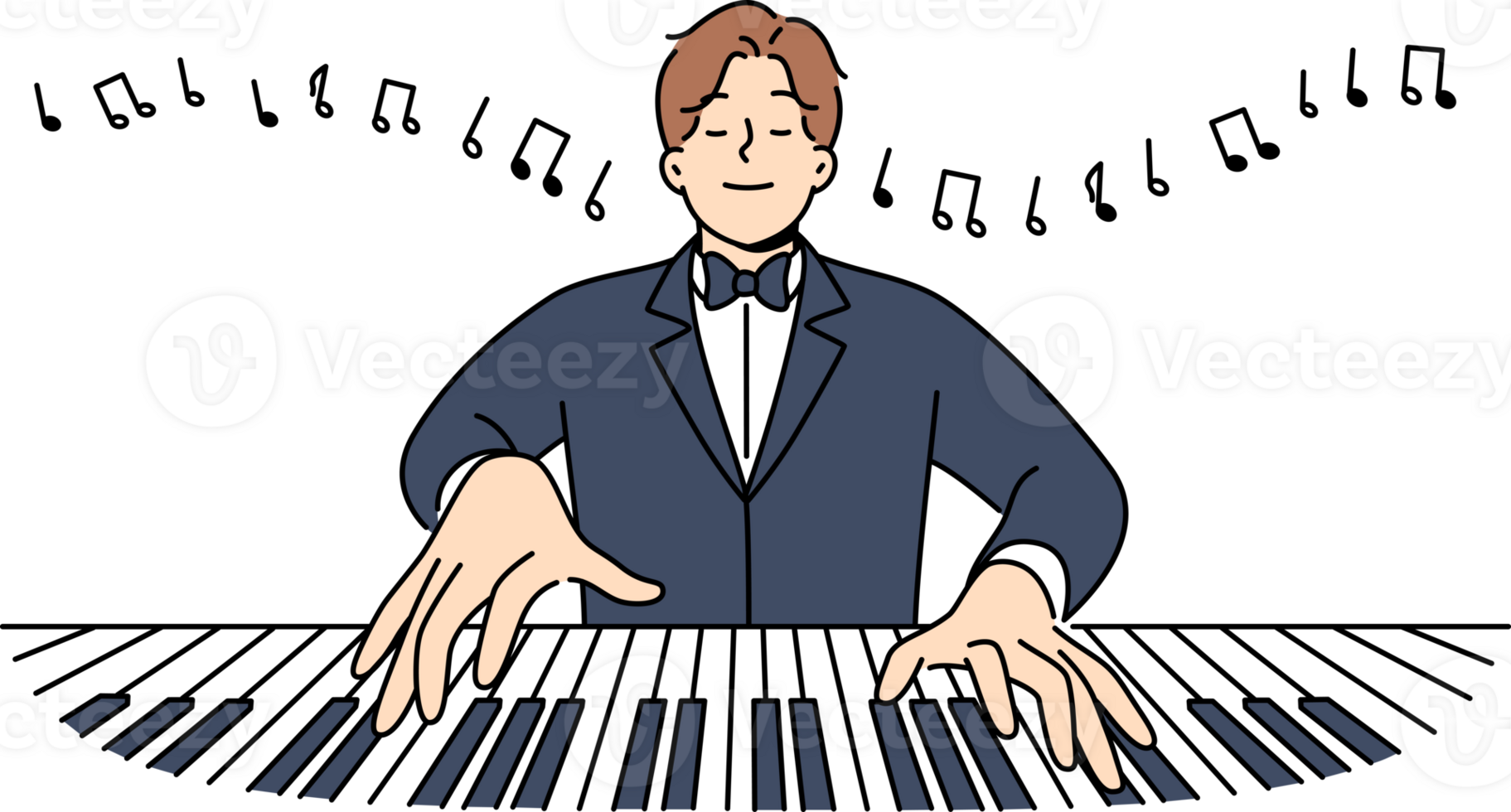 Man maestro plays piano with eyes closed and performs classical compositions in symphony orchestra png