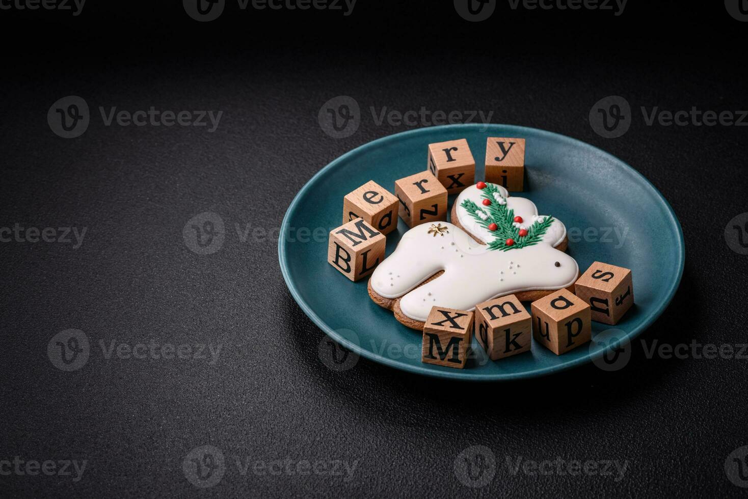 Beautiful Christmas composition with copy space with an inscription in wooden cubes photo