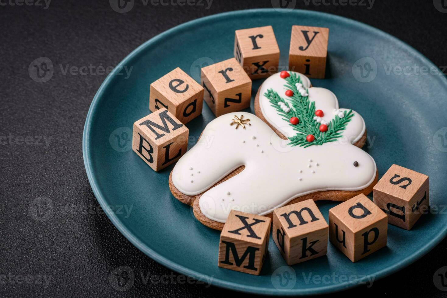 Beautiful Christmas composition with copy space with an inscription in wooden cubes photo