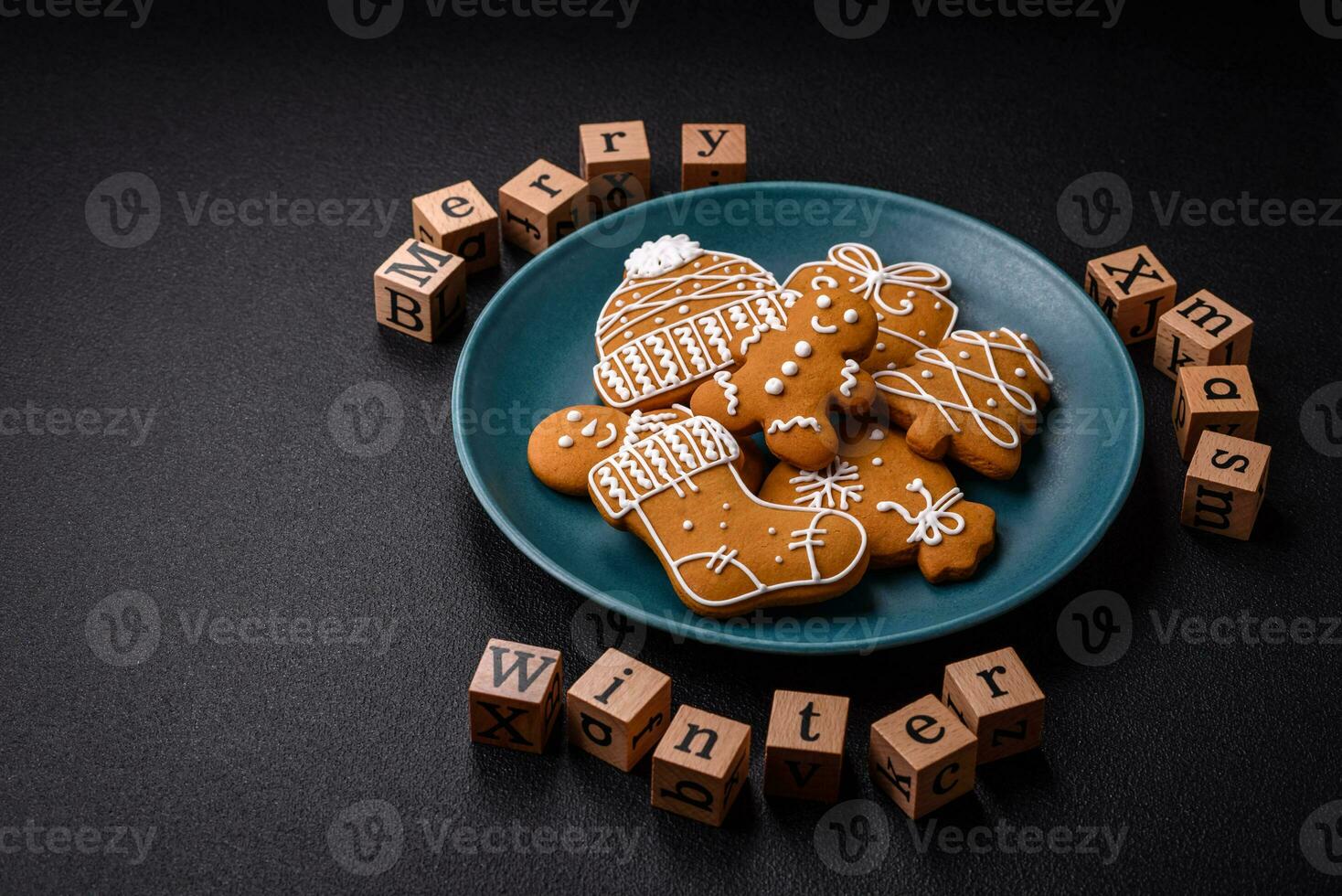 Beautiful Christmas composition with copy space with an inscription in wooden cubes photo
