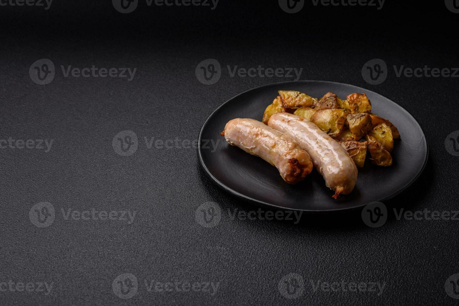 Delicious grilled chicken or pork sausages with salt, spices and herbs photo