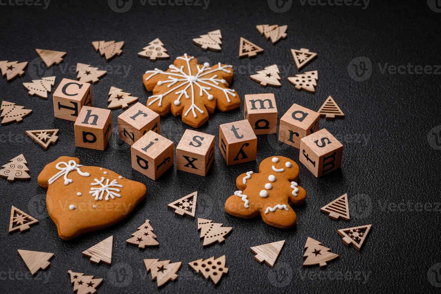 Beautiful Christmas composition with copy space with an inscription in wooden cubes photo