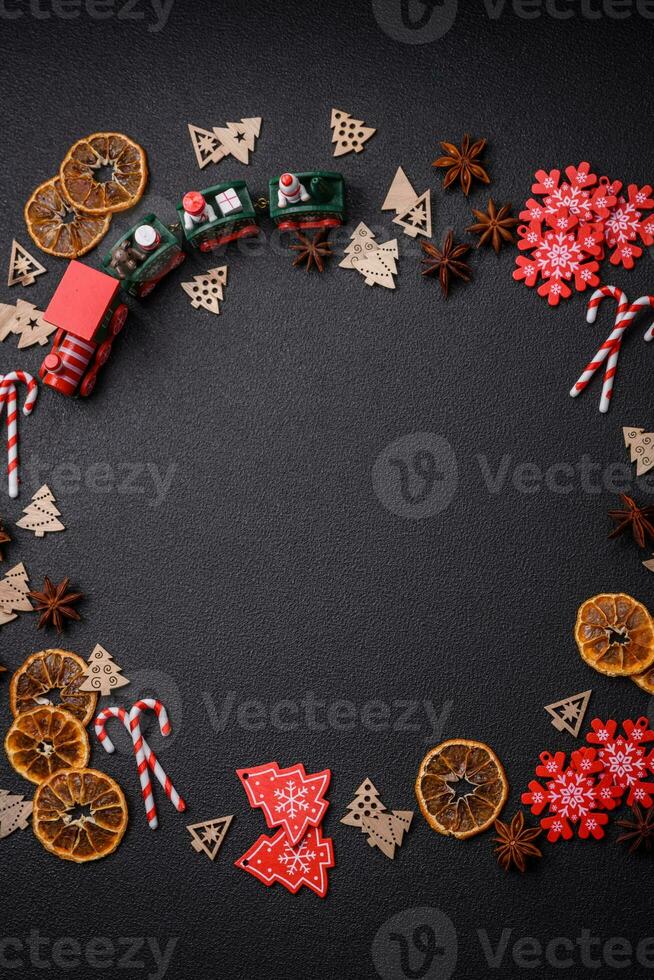 Beautiful Christmas composition with copy space with an inscription in wooden cubes photo