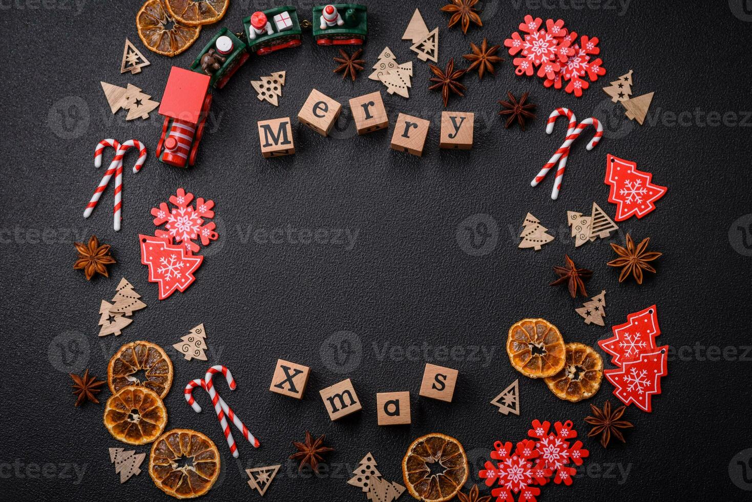 Beautiful Christmas composition with copy space with an inscription in wooden cubes photo