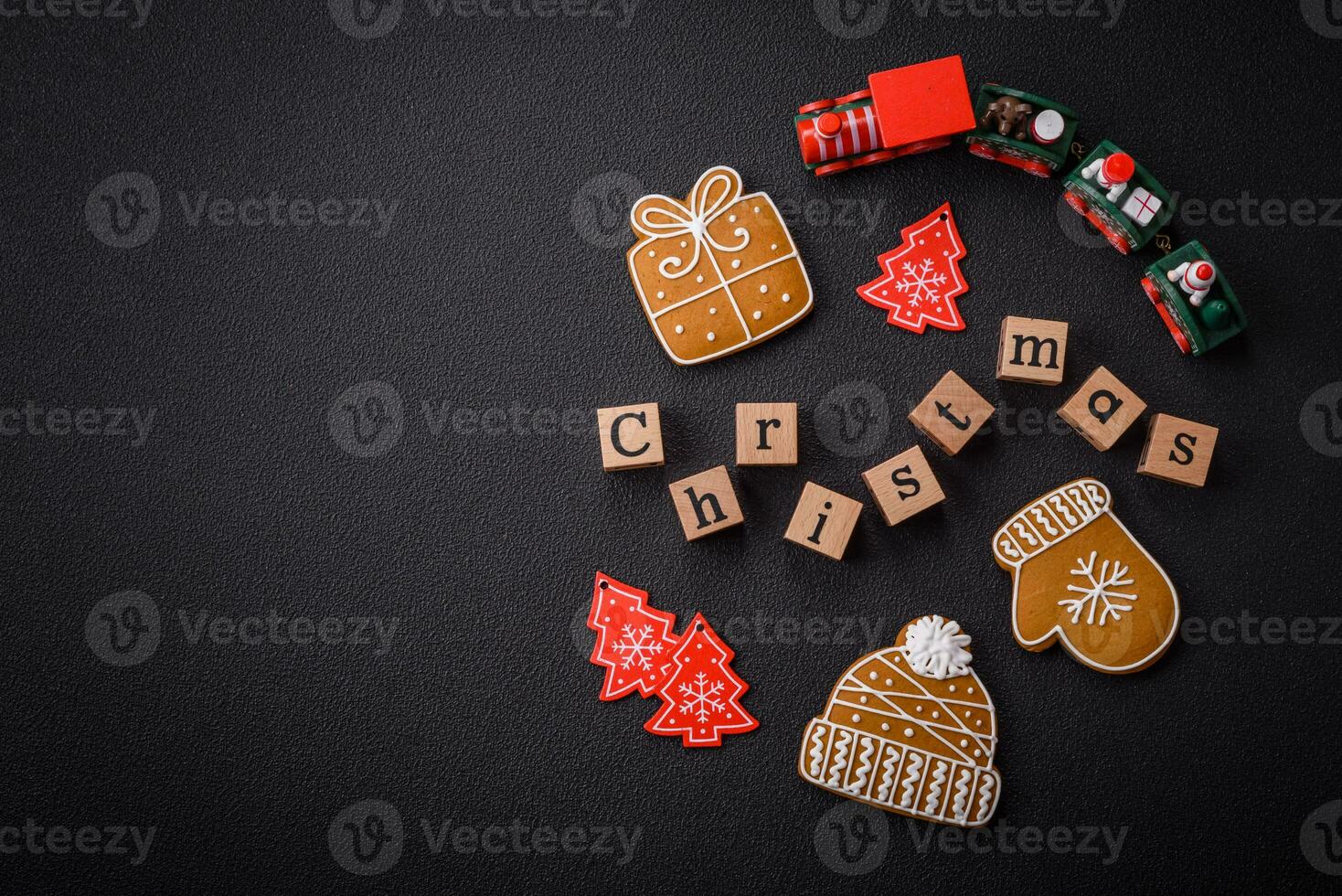 Beautiful Christmas composition with copy space with an inscription in wooden cubes photo