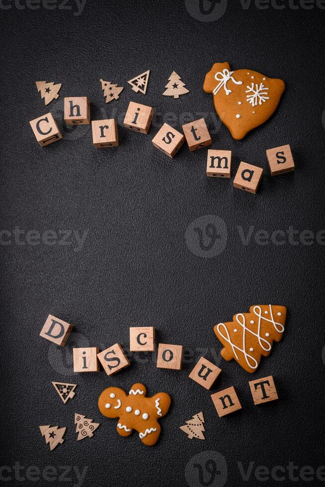 Beautiful Christmas composition with copy space with an inscription in wooden cubes photo