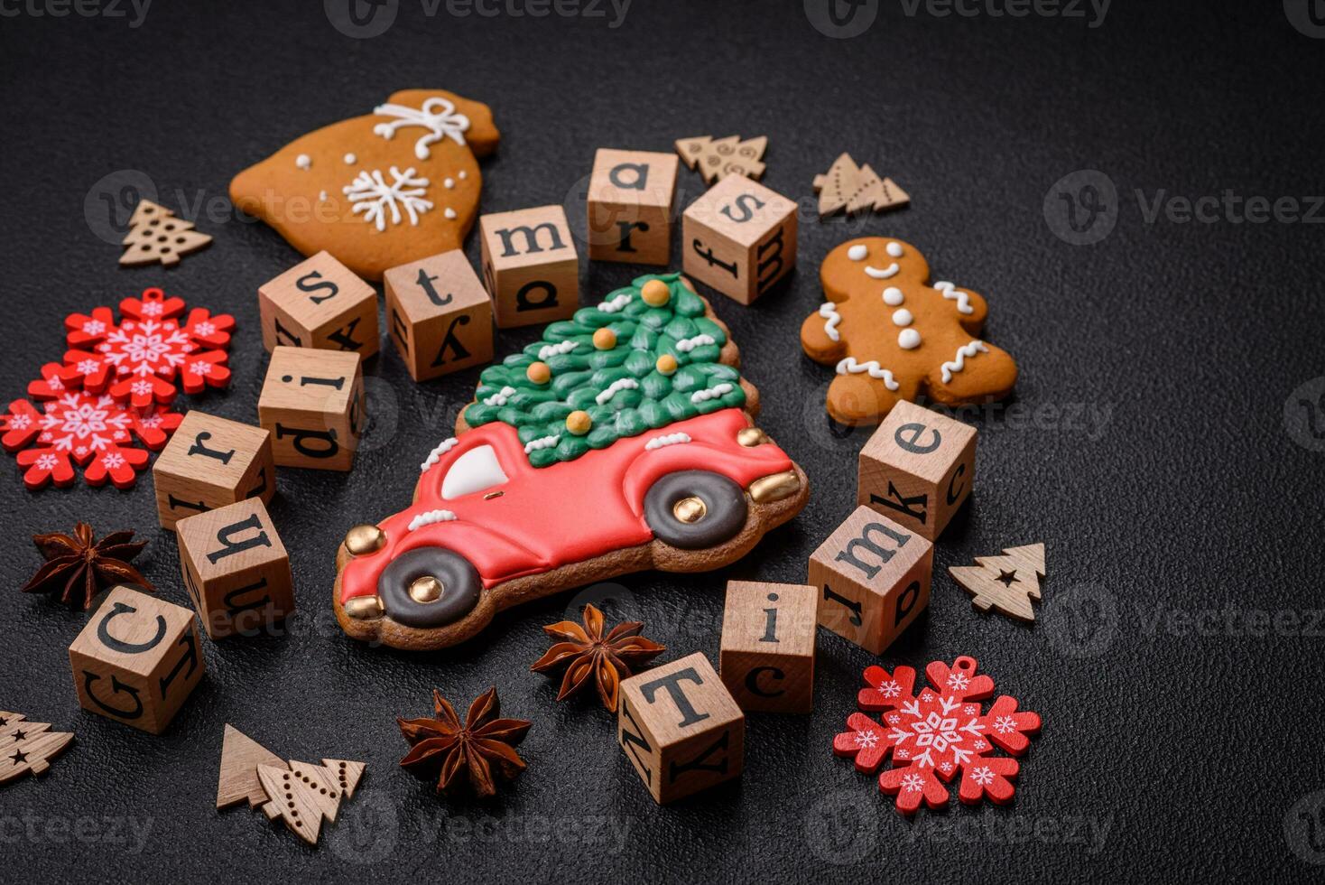 Beautiful Christmas composition with copy space with an inscription in wooden cubes photo