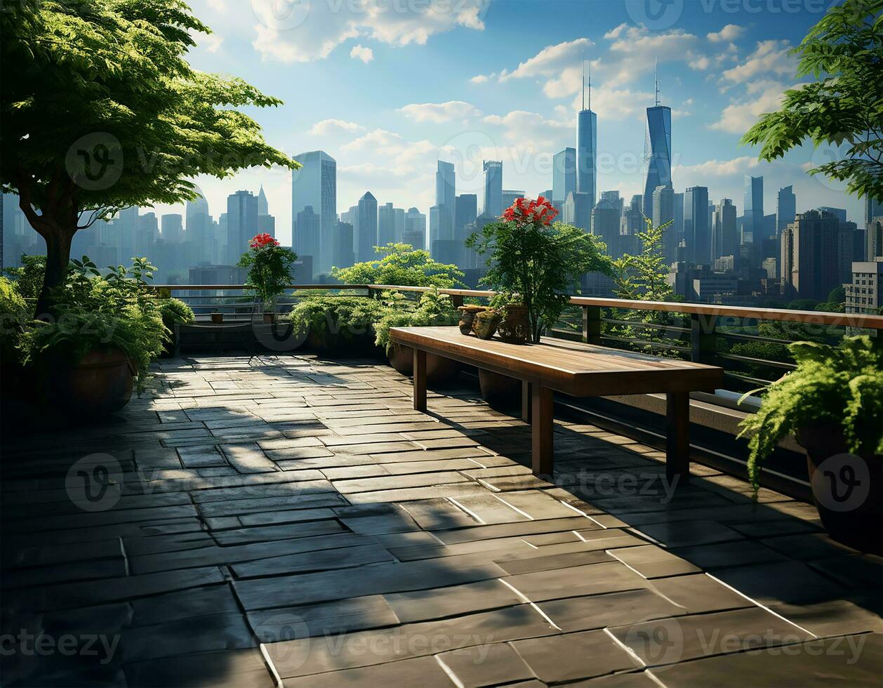 AI generated rooftop gardens set against the backdrop of a stunning city skyline photo