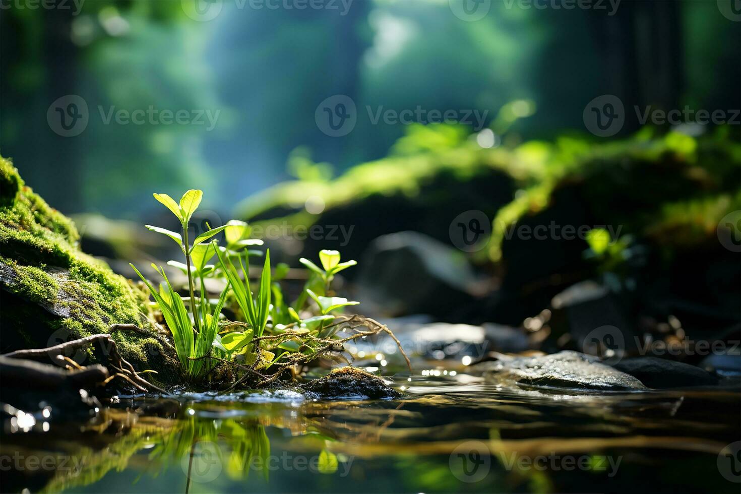 AI generated the gentle light of spring as it illuminates a slowly flowing stream photo