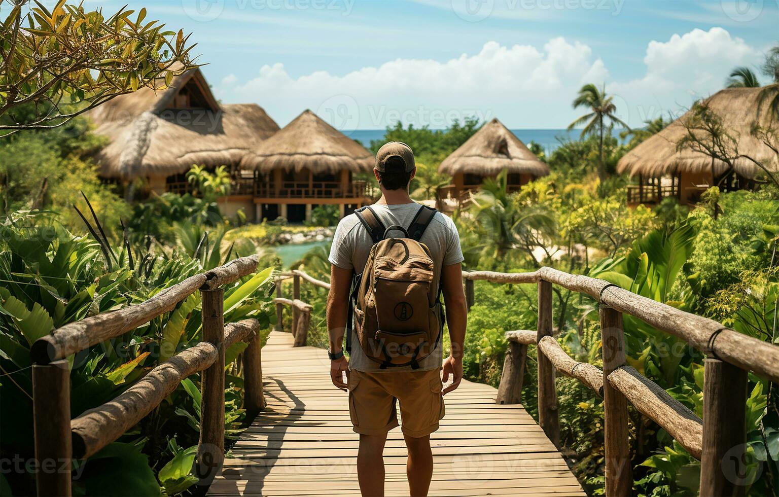 ai generado turista explorador un Respetuoso del medio ambiente recurso conocido para sus energía eficiente comodidades foto