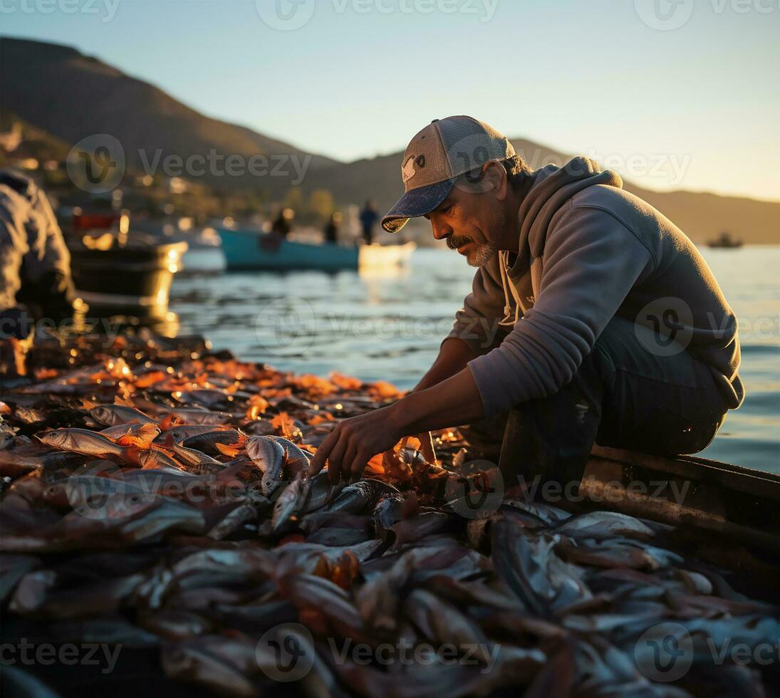 AI generated fishing community actively engaged in sustainable fishing methods photo