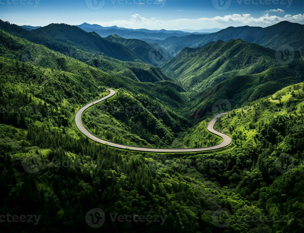 AI generated a road winding through a lush green forest photo