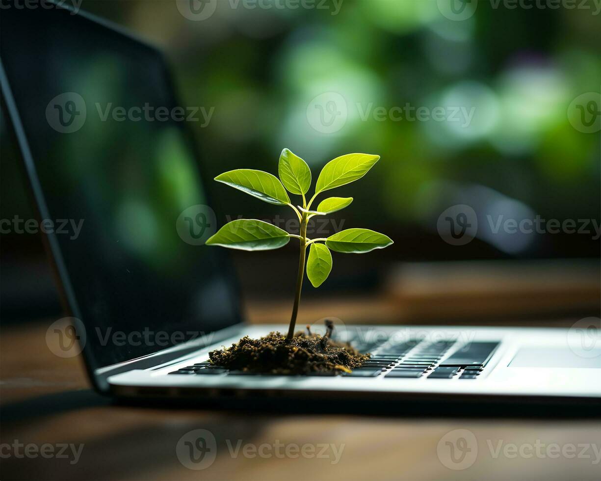 ai generado un ordenador portátil teclado con un pequeño planta creciente Entre el llaves foto