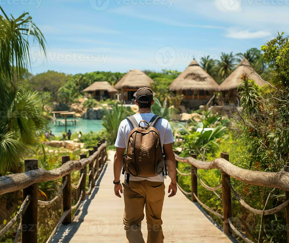 AI generated tourist exploring an eco-friendly resort known for its energy-efficient amenities photo