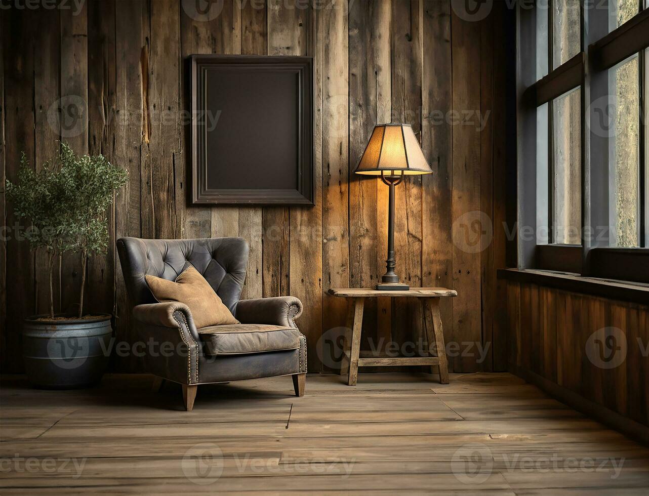 AI generated farmhouse home interior design featuring a rustic chair photo