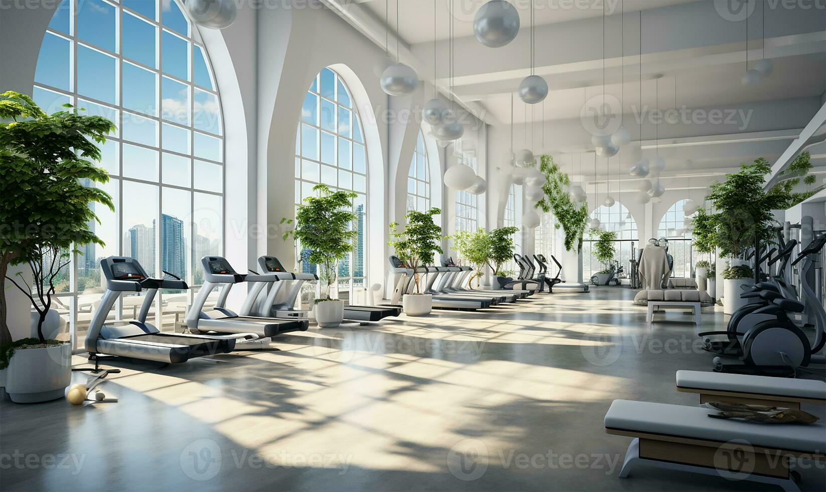 AI generated interior of a modern fitness center or gym club photo