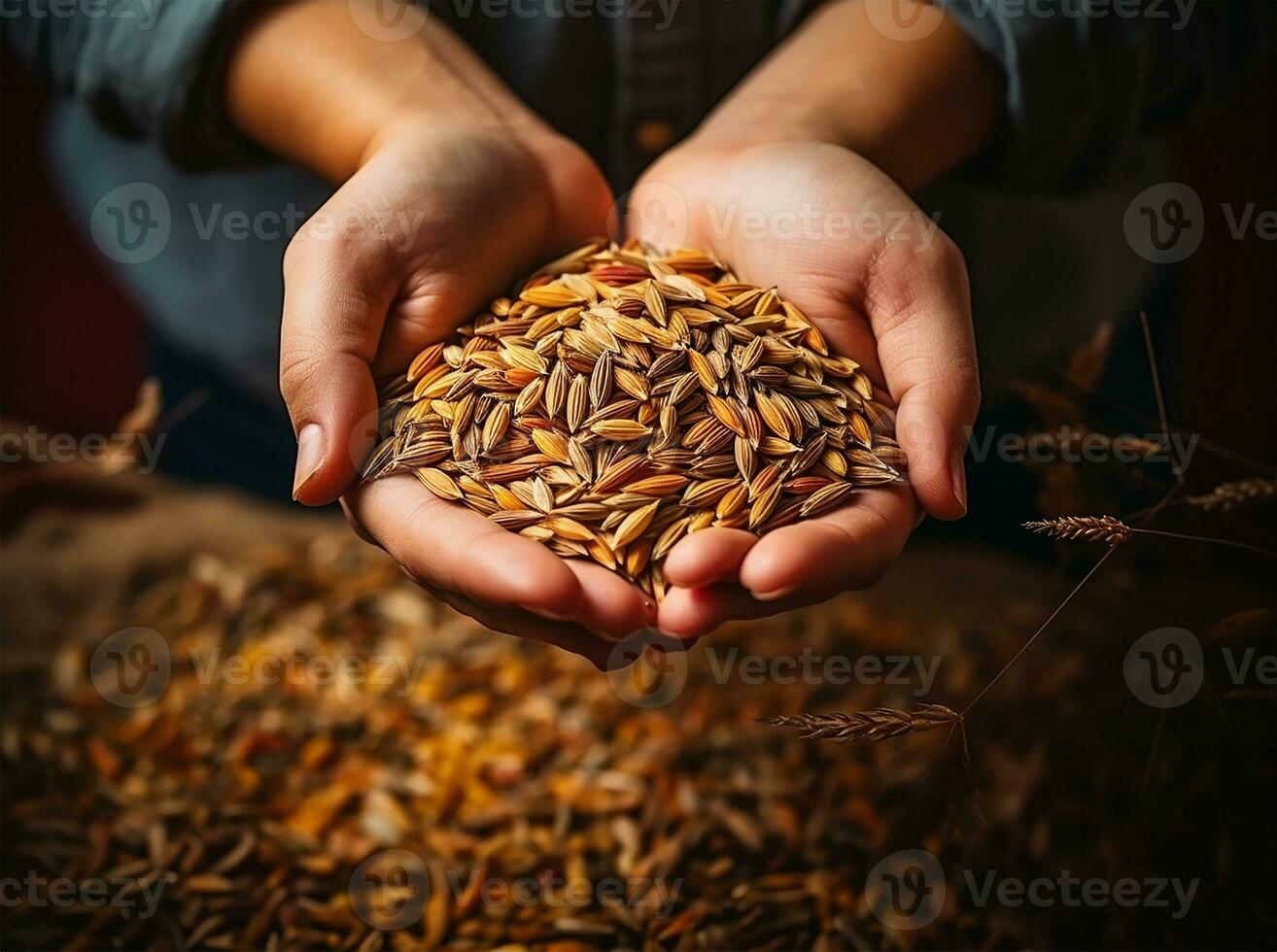 AI generated hand holding a handful of grain and wheat seeds photo