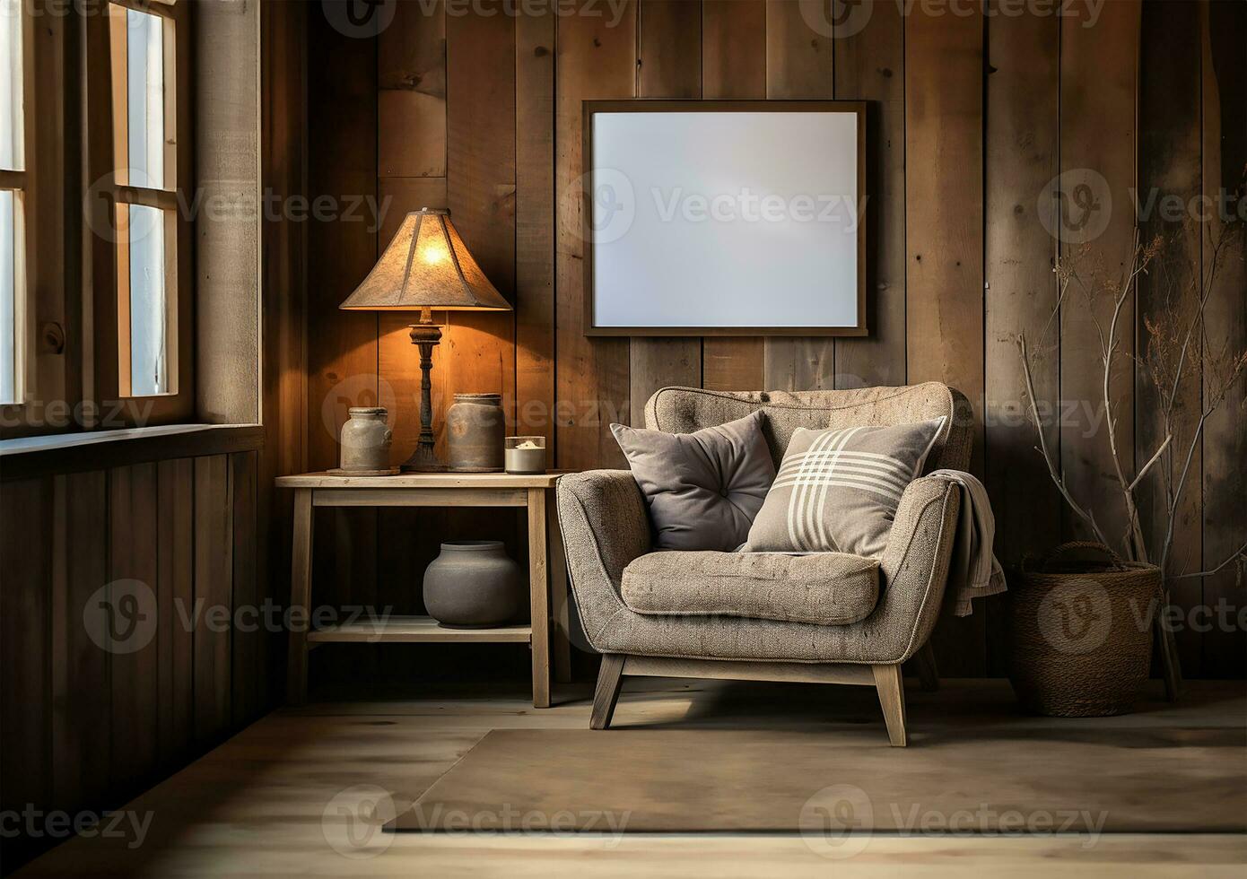 AI generated farmhouse home interior design featuring a rustic chair photo