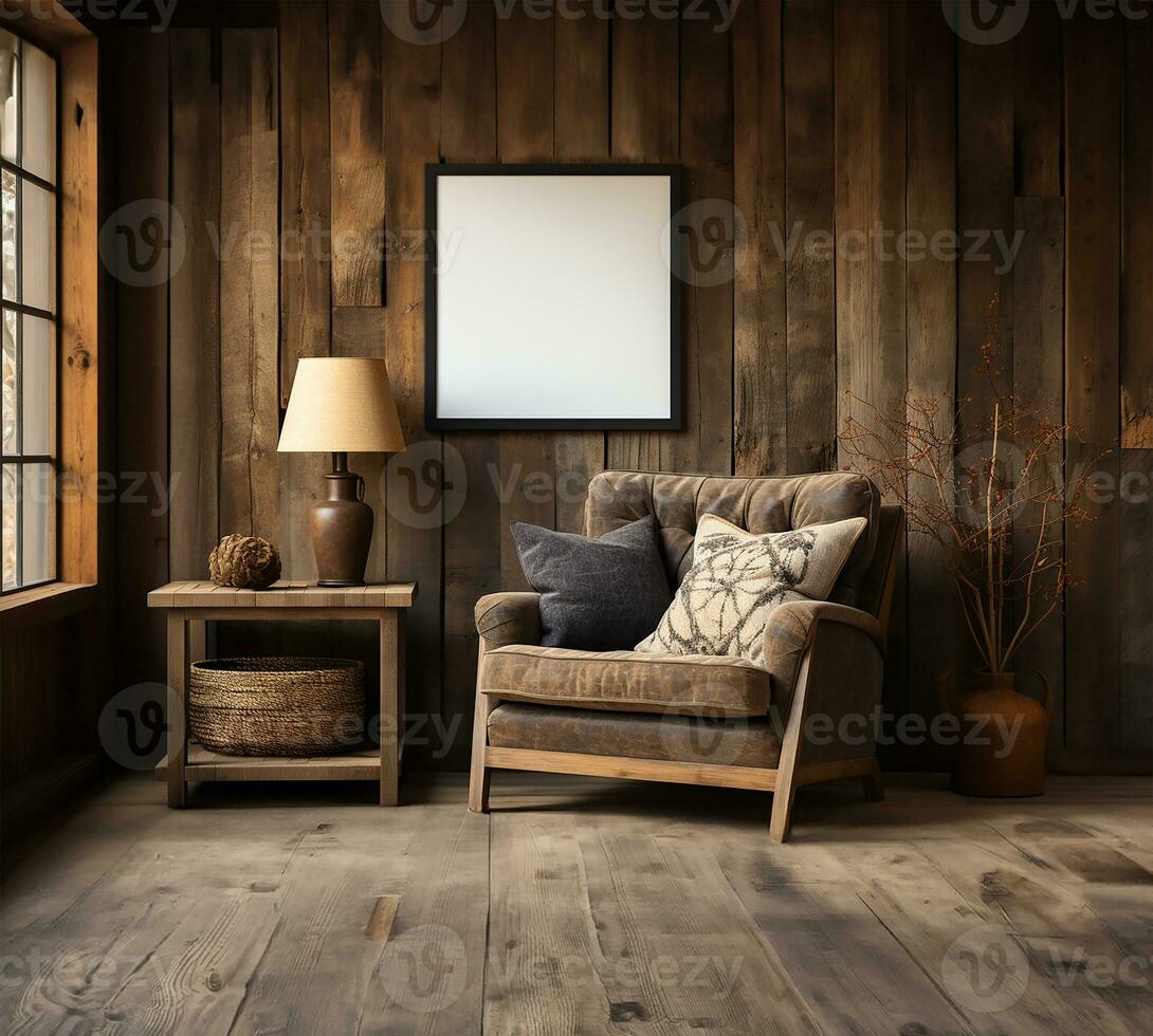 AI generated farmhouse home interior design featuring a rustic chair photo