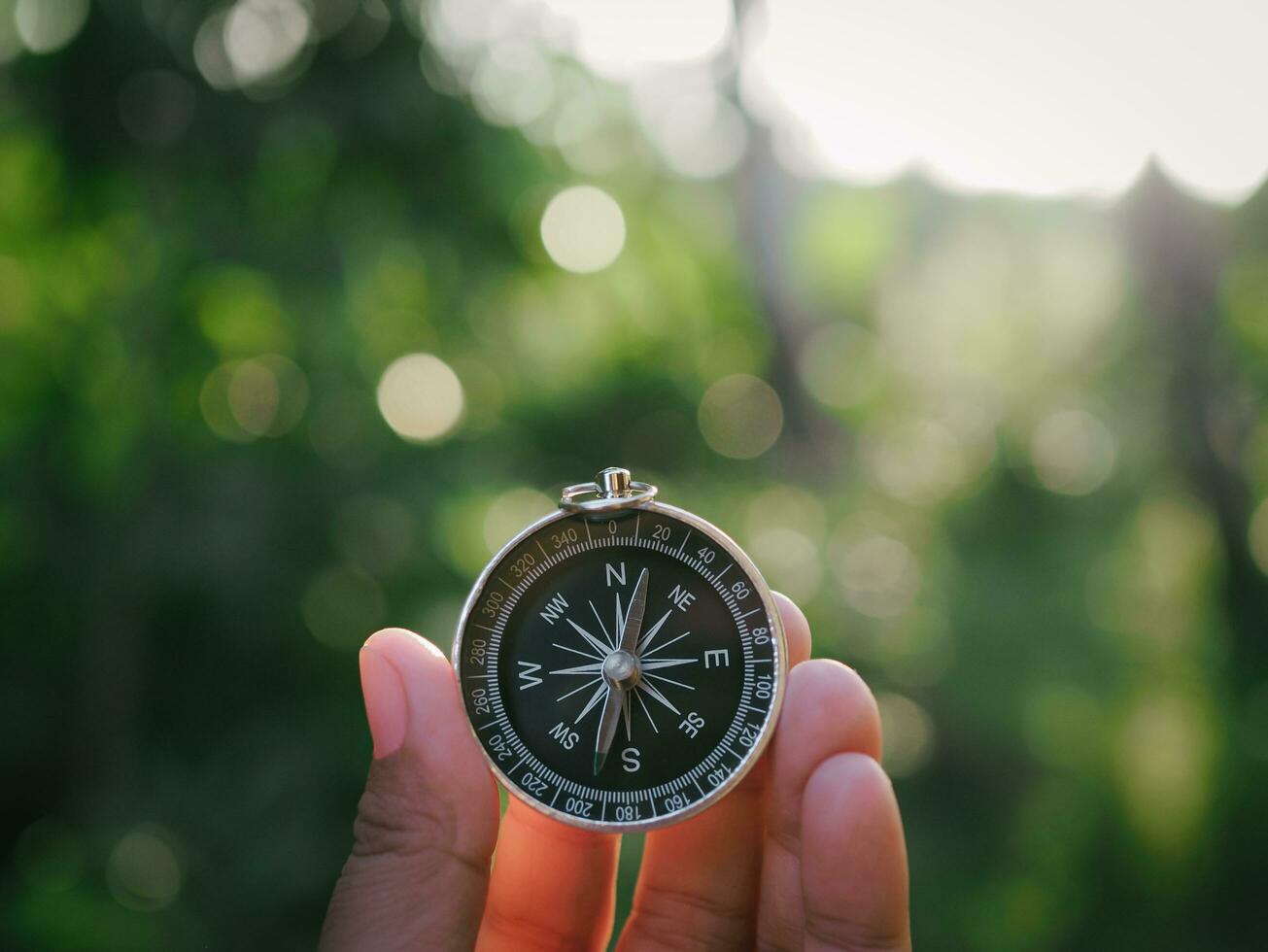 Hand holding compass with nature background. The concept of world tourism day, Searching the right directions and Travel photo