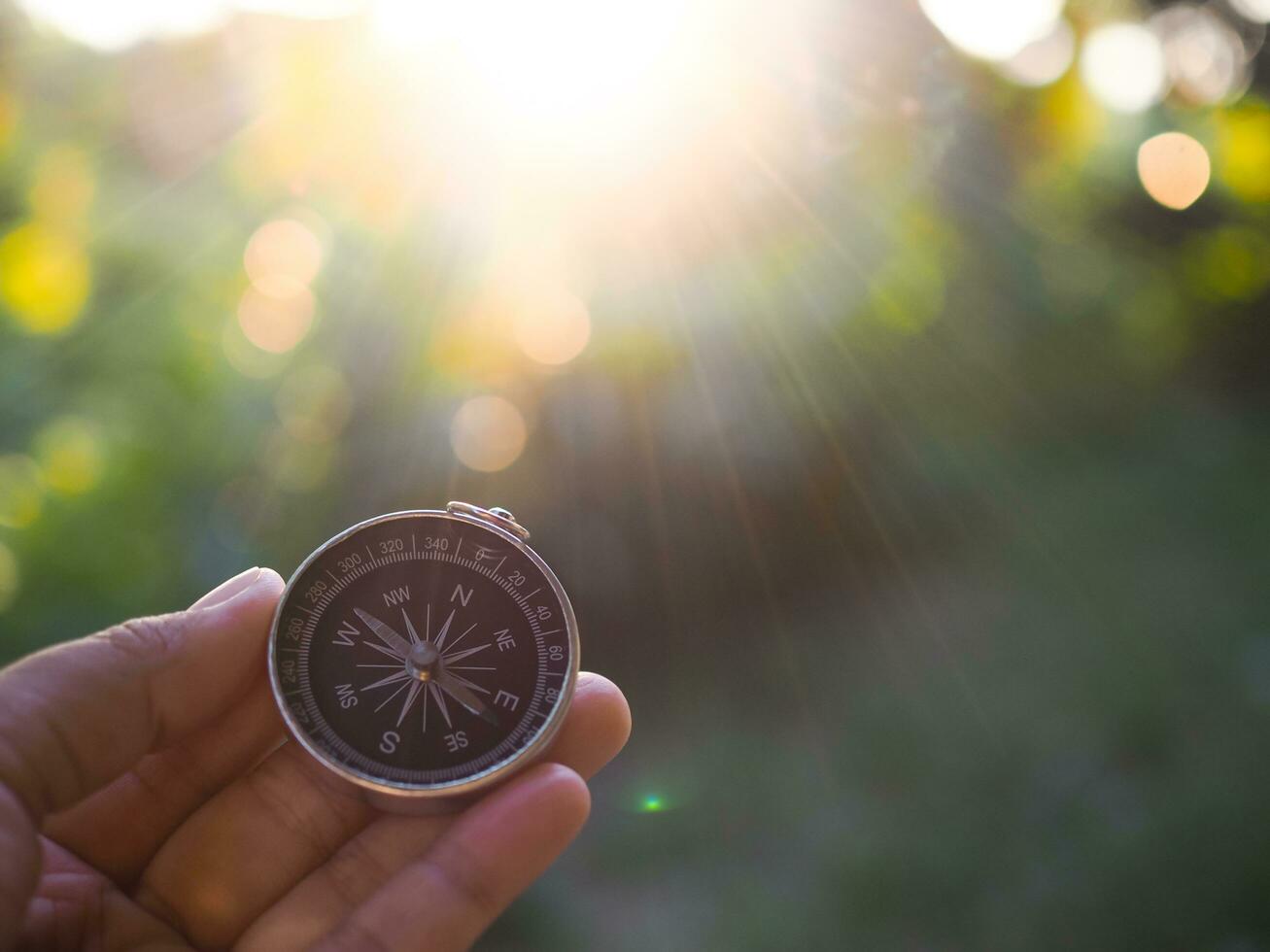 Hand holding compass with nature background. The concept of world tourism day, Searching the right directions and Travel photo