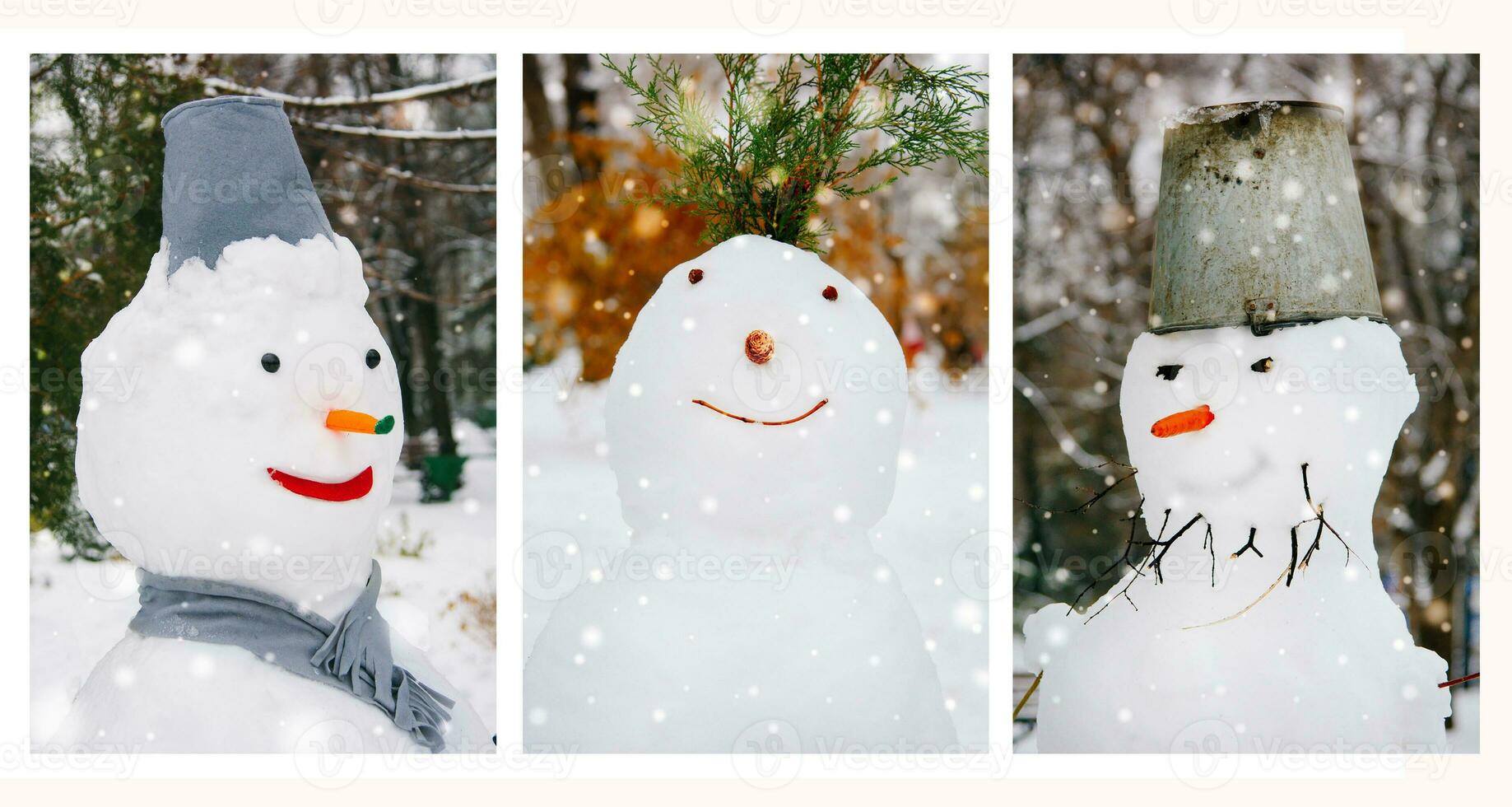 Portraits of three snowman in the park photo