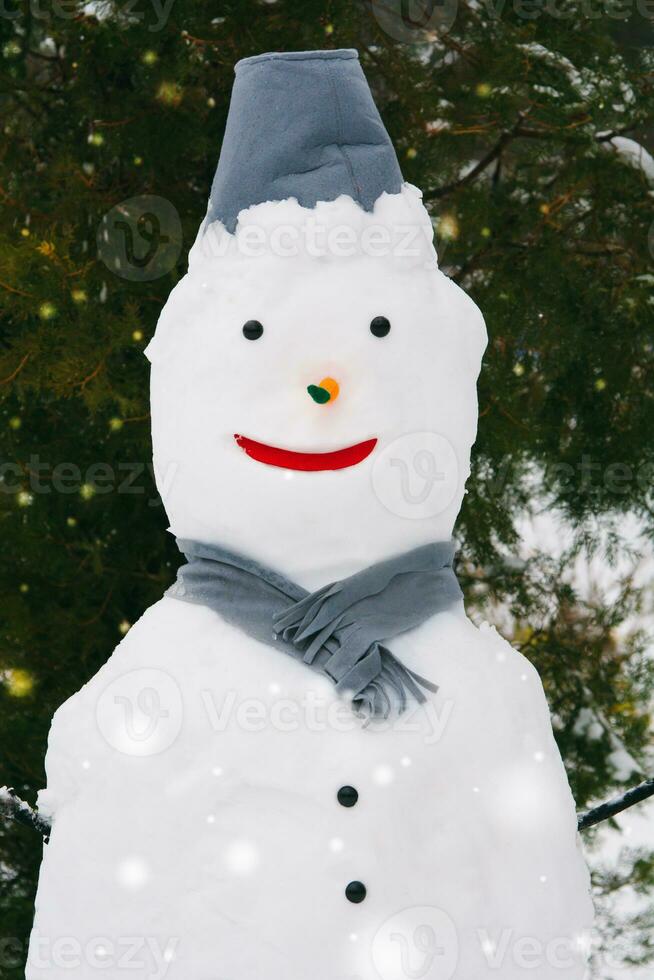 Portrait of a snowman in city park photo