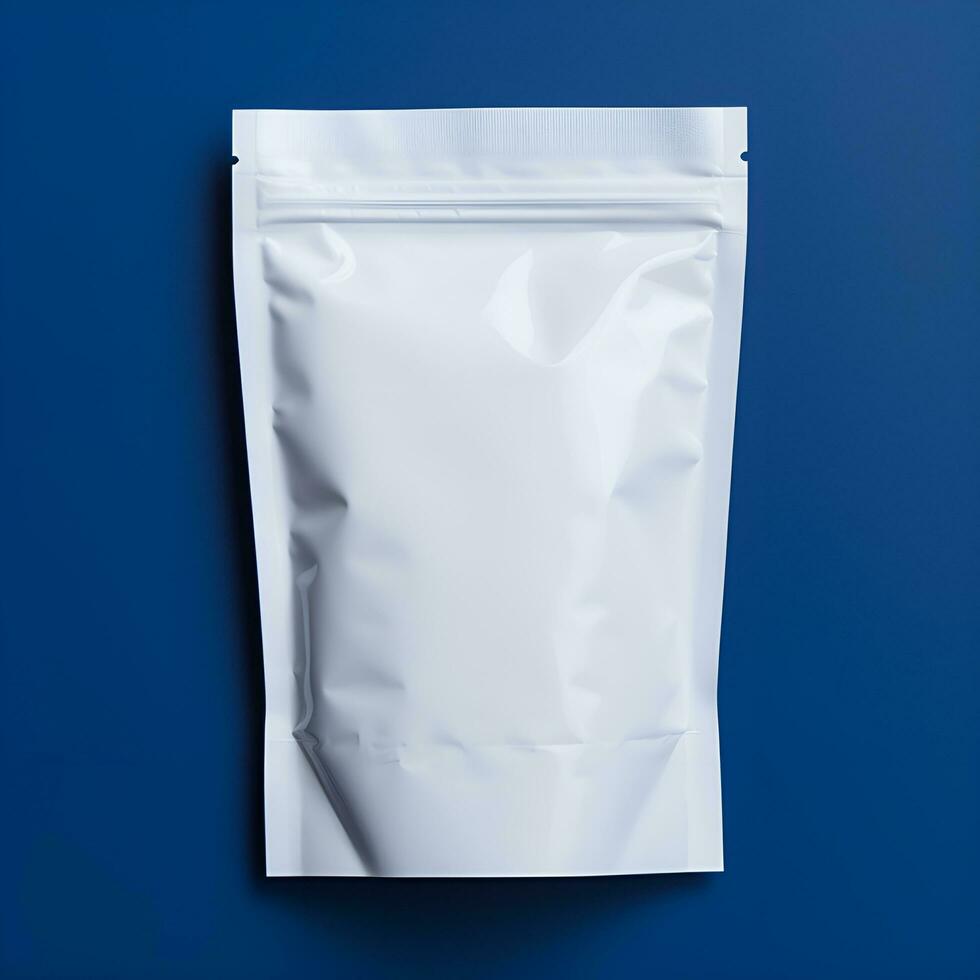 AI generated Blank white snack pouch packaging mockup on blue background photo
