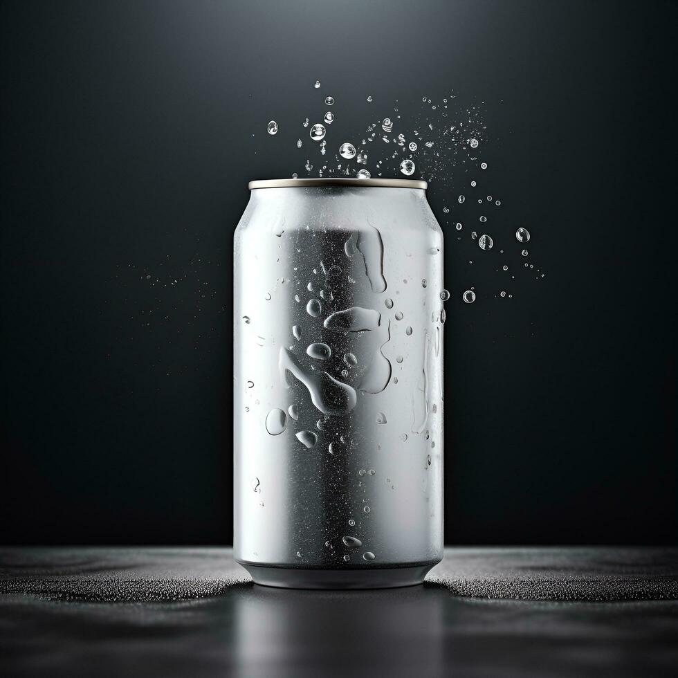 AI generated Blank aluminum can with water drops on black background photo