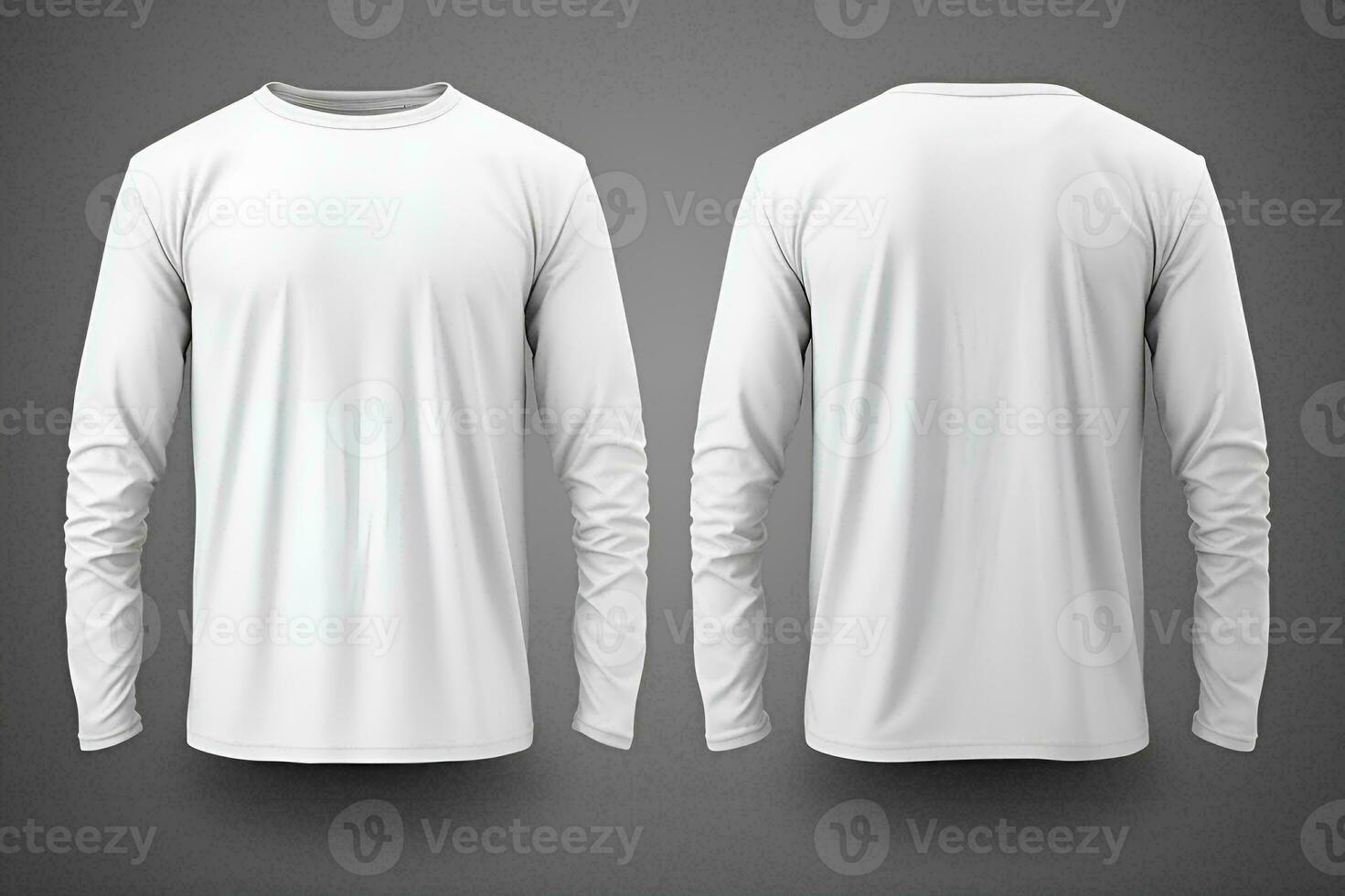 AI generated Blank white long sleeve t-shirt on dark grey background, front and back view for mockup photo