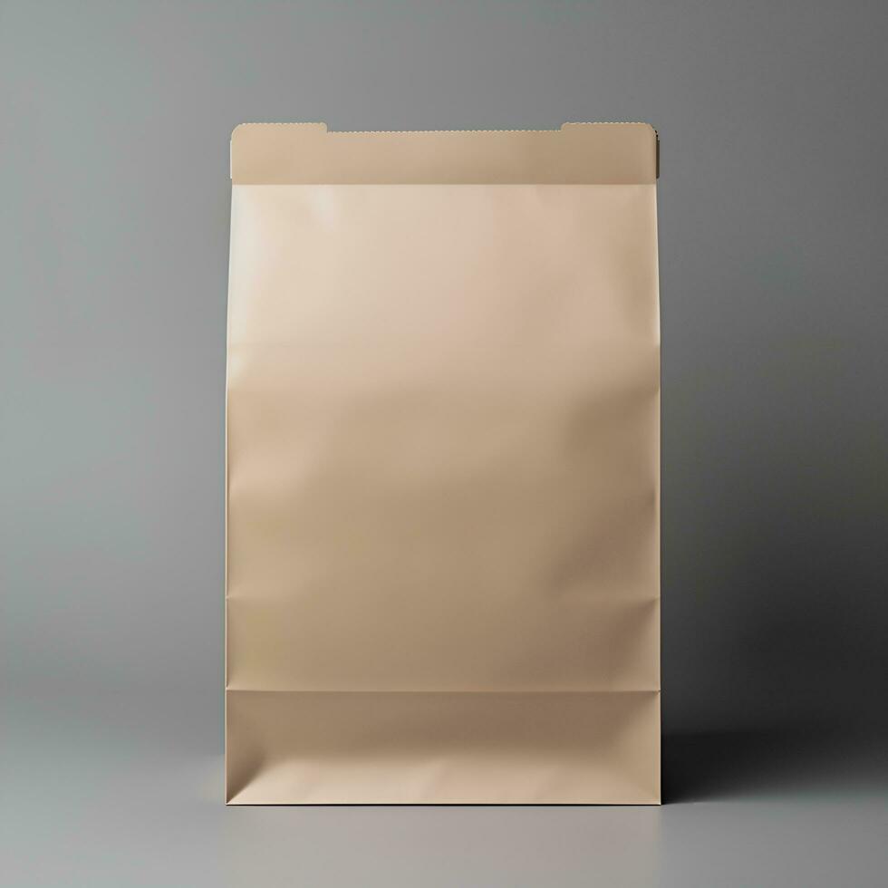 AI generated Blank beige food paper bag packaging mockup on grey background. Generative AI photo