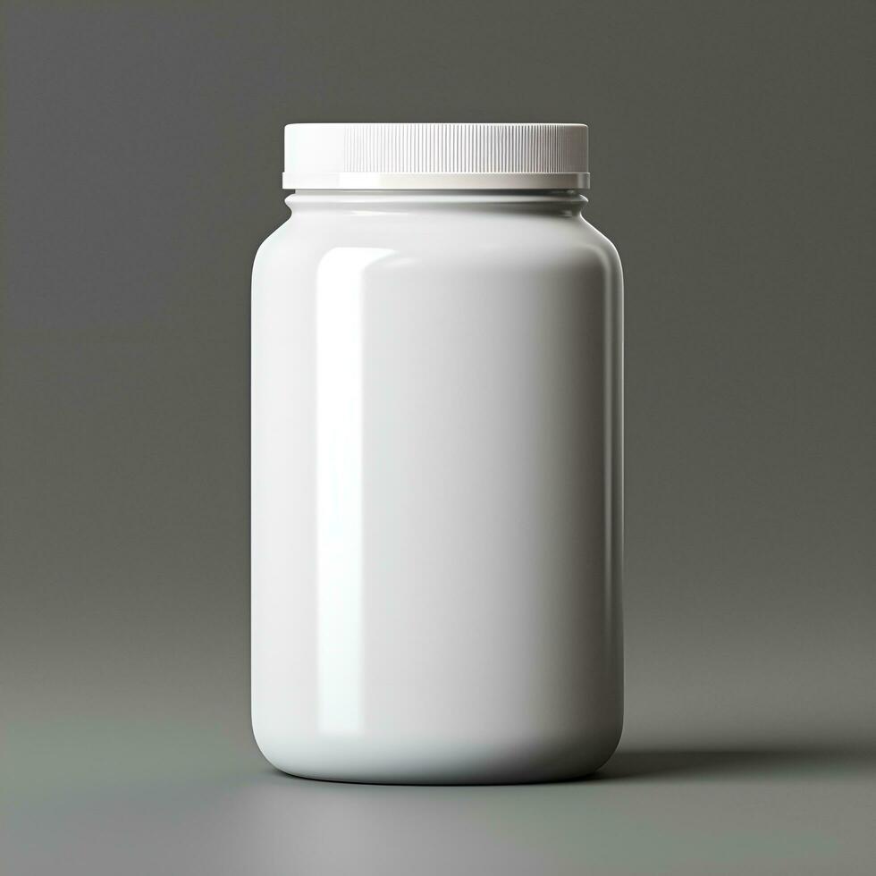 AI generated Blank white pill jar mockup on grey background photo