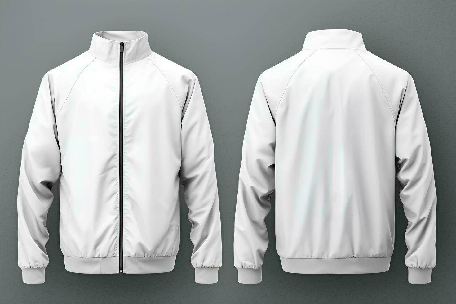 AI generated Blank white jacket mockup on grey background, front and back view. Generative AI photo