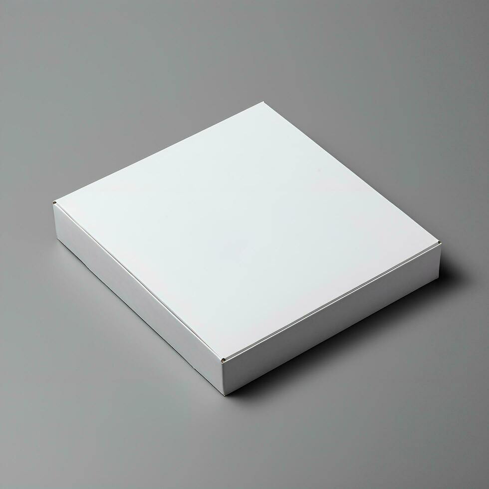 AI generated Blank white pizza box mockup on grey background photo