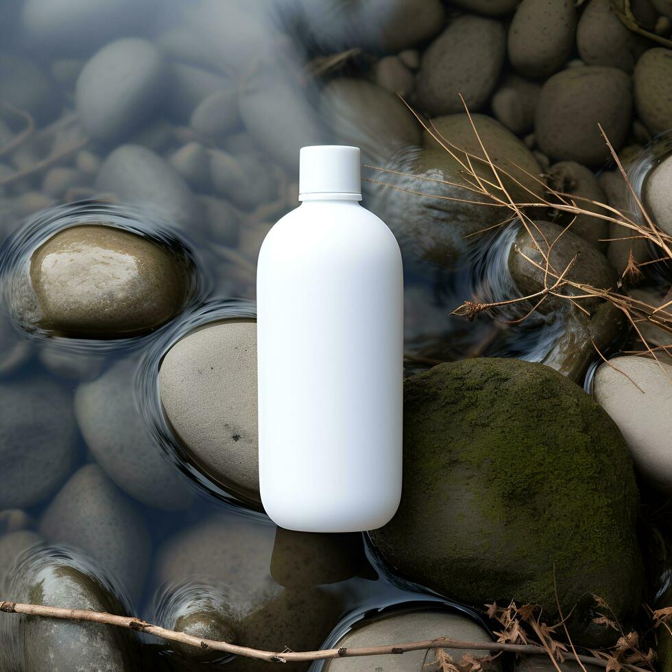 AI generated Blank white bottle on river rocks for product mockup photo