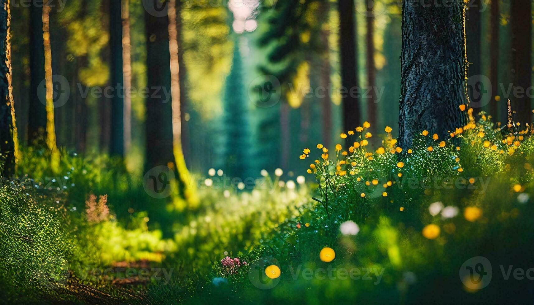 AI generated forest  beautiful natural scenery with pine trees and wild flowers  selective focus photo