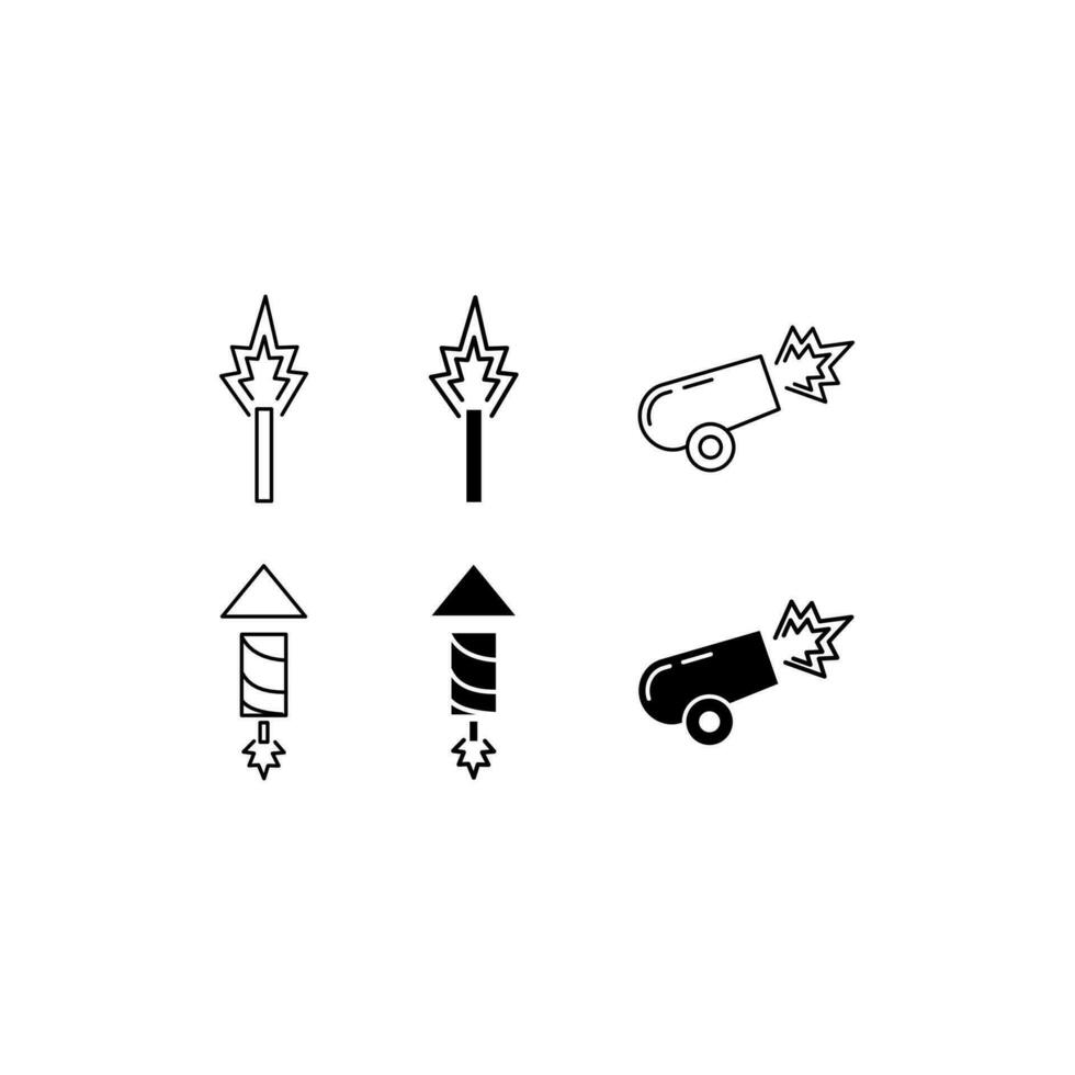 icon set of fireworks rockets and cannons, Vector Icon Design celebrating holidays, birthdays, and new years. Vector lustration with line style and black fill isolated on white background.