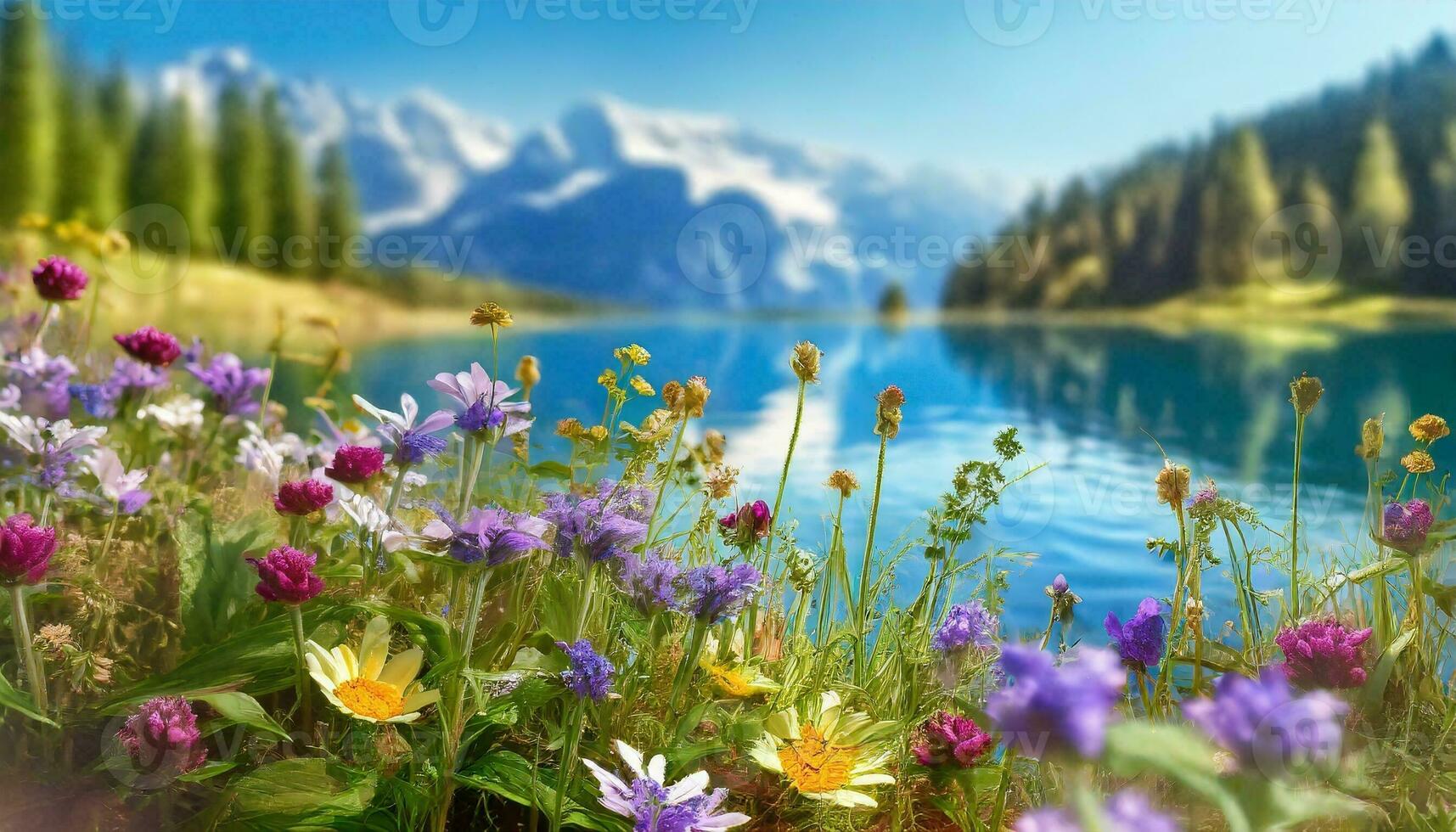 AI generated beautiful natural scenery with wild flowers photo