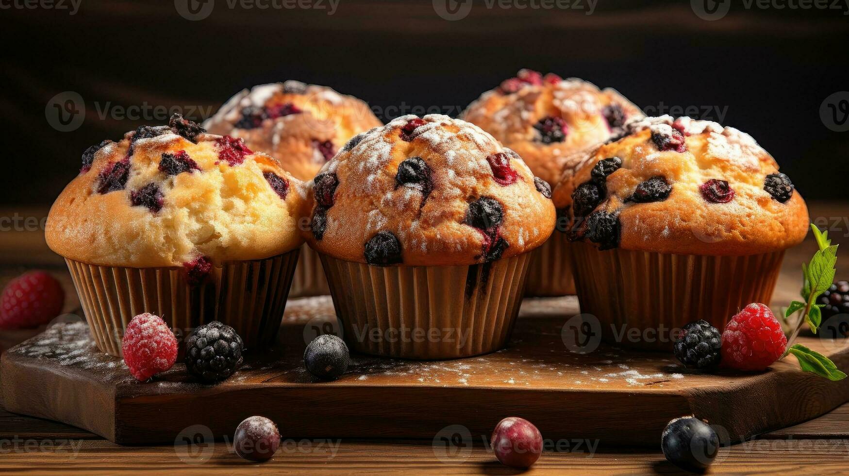 AI generated Sweet soft muffins sprinkled with chocolate chips, on the table, front view with blur background and cinematic light, AI Generated photo