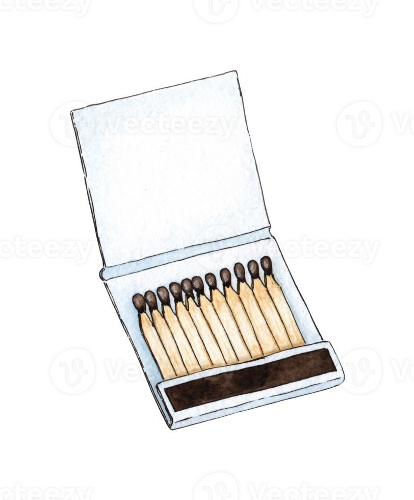 Watercolor illustration of an open book of matchboxes full of red-headed matches. Get the flame. Light the fire. Burnt wooden stick. Hand drawn doodles. Isolated. Drawn by hand. png