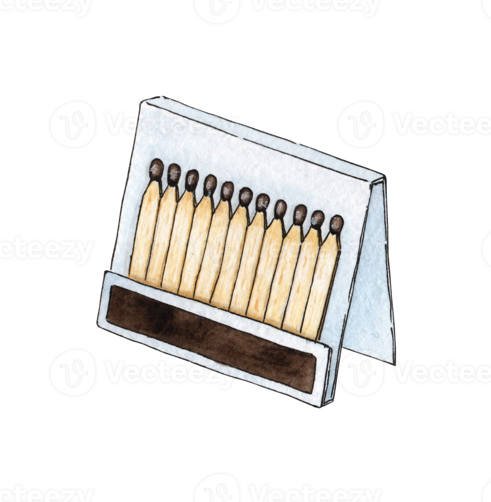Watercolor illustration of an open book of matchboxes full of red-headed matches. Get the flame. Light the fire. Burnt wooden stick. Hand drawn doodles. Isolated. Drawn by hand. png