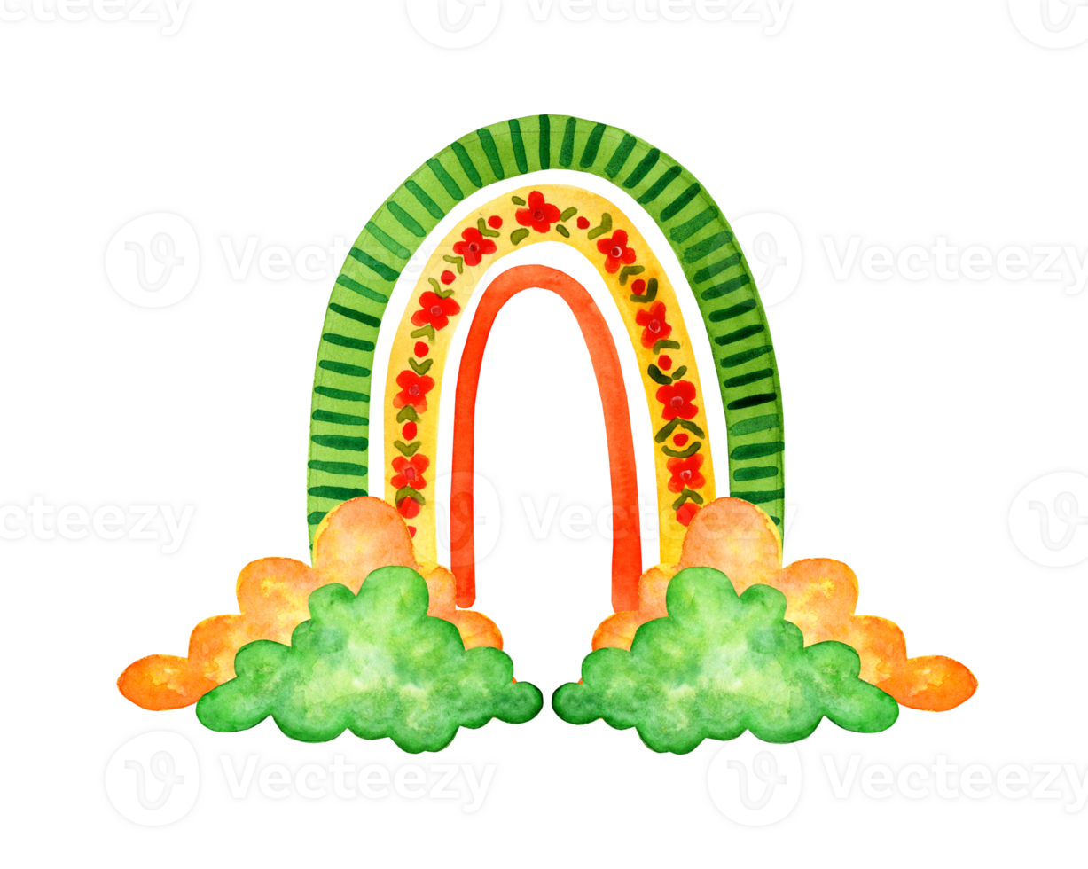 Aquarell Gemälde süß kindisch Regenbogen mit Wolken. Grün, Gelb, Orange Wetter Kritzeleien. Baby Poster, Baby Dusche oder Baby Geburt Ankündigung Karte Vorlage mit Platz zum Text. isoliert png