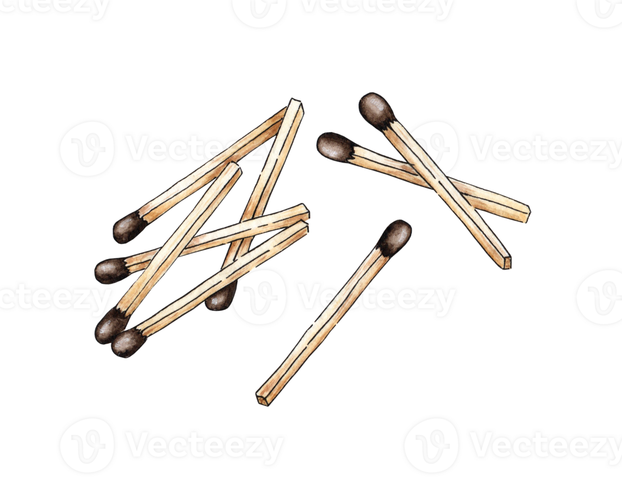 Watercolor illustration of a pile of scattered matches, dropping. Get the flame. Light the fire. Burnt wooden stick. Hand drawn doodles. Isolated. Drawn by hand. png